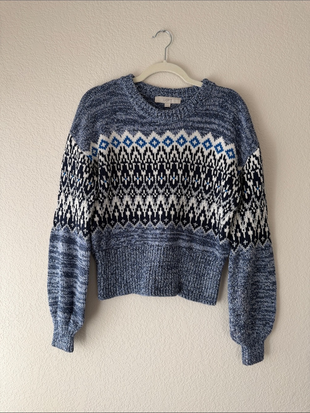 LOFT Blue & White Fair Isle Crewneck Sweater